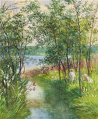 Summer's landscape with children by the water
