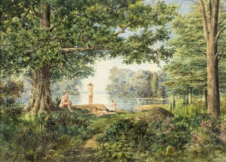 Lake Landscape with Nude Bathers by George J Tribe - Auction record, sale price, and art valuation. Compare with similar artists and explore comparable artworks.