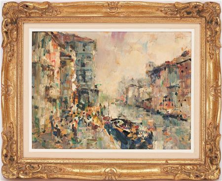 Expressionist European canal scene