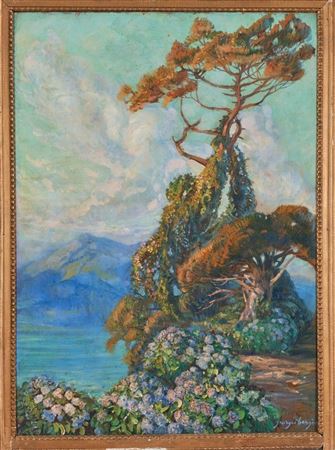 Flowered garden on a lake and mountain background