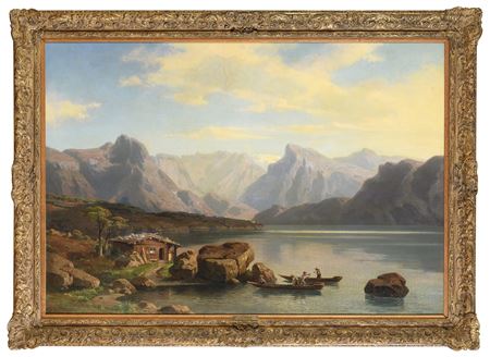 Paesaggio alpino con lago di pescatori