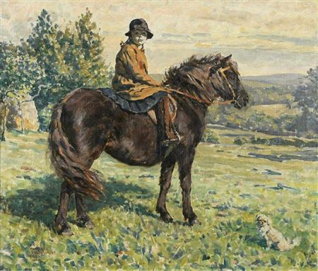 Portrait of Juley (Behrend) on Bess with her dog Chippy and Watership Down in the distance