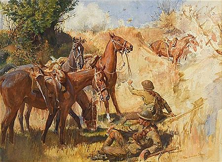 Soldiers taking cover by Frank Algernon Stewart - Auction record, sale price, and art valuation. Compare with similar artists and explore comparable artworks.