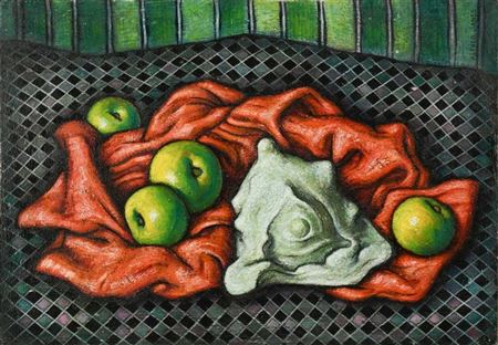 Still life of apples and a conch shell