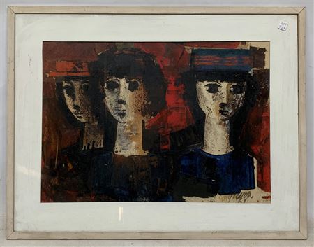 "Tres personajes con fondo rojo"