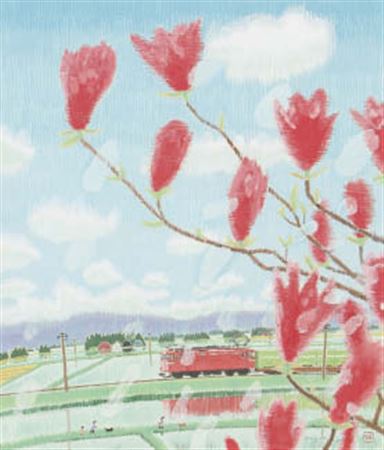 Spring clouds and red locomotive