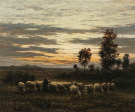 Soleil couchant, le troupeau a Barbizon