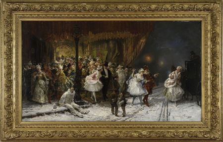 The exit of the masked ball at the Bellecour Theater in winter, 1892 by Theodore Levigne - Auction record, sale price, and art valuation. Compare with similar artists and explore comparable artworks.