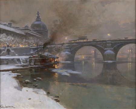 The Guillotiere Bridge and the Hotel-Dieu, in Winter, at Night