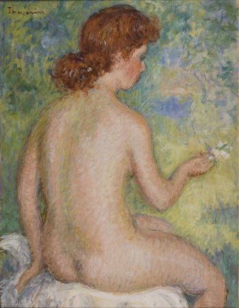 Bather with sprig of lily of the valley