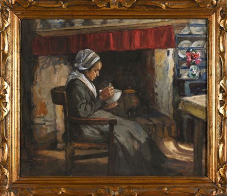 Breton woman with a bowl in her hand in front of the fireplace by Eugène Villon - Auction record, sale price, and art valuation. Compare with similar artists and explore comparable artworks.