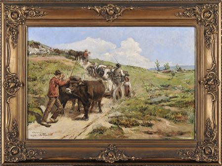 Landscape with figures maneuvering yokes of oxen