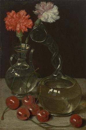 A glass vase with flowers and a kuttrolf surrounded by cherries, on a ledge