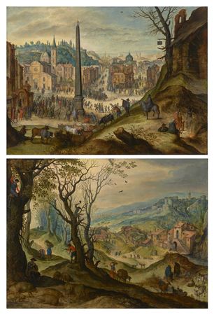 Allegory of the months of January/February, with a view of the Piazza del Popolo, Rome, during Carnival; and Allegory of the months of November/December, with woodcutters in a forest
