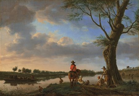 A river landscape at dusk, with a horseman and other figures waiting for a ferry on a riverbank