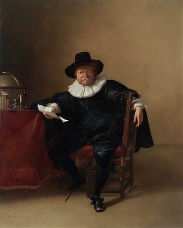 Portrait of a gentleman holding a letter, full-length, seated with a sword beside a draped table with a globe, candlestick, inkwell, books and letter by Bartholomeus Breenbergh - Auction record, sale price, and art valuation. Compare with similar artists and explore comparable artworks.