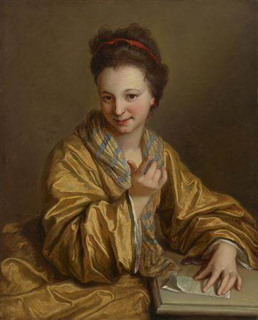 A young woman in a yellow robe with a letter, called La Menaceuse by Jean Baptiste Santerre - Auction record, sale price, and art valuation. Compare with similar artists and explore comparable artworks.