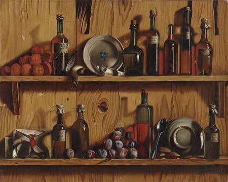 A tromp l'oeil of bottles, game, plates, plums and nuts on shelves