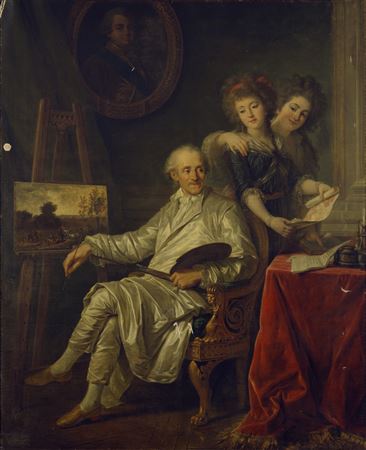 Portrait of the Comte de Cromot, Grand Surintendant to the Comte de Provence, seated at an easel, accompanied by his two daughters-in-law