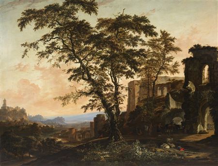 An extensive Rhenish landscape with peasants and animals resting in the shade of Romanesque ruins by Hendrik Van Minderhout - Auction record, sale price, and art valuation. Compare with similar artists and explore comparable artworks.