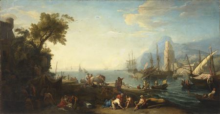Figures on an estuary with a ship careened in the background