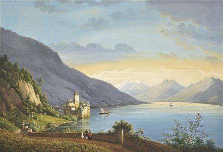 A view of Lake Geneva, with figures at a vineyard in the foreground, the Château de Chillon beyond