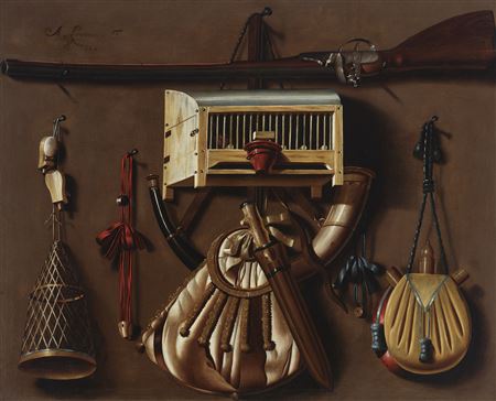 A tromp l'oeil with hunting and bird catching gear