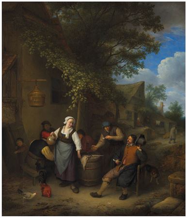 Peasants smoking, drinking and playing games before an inn by Adriaen Jansz van Ostade - Auction record, sale price, and art valuation. Compare with similar artists and explore comparable artworks.