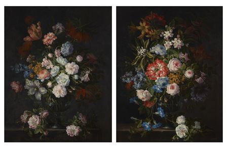 Roses, tulips, lilies and other flowers in a glass vase on a stone ledge; and Roses, lilies, tulips, daffodils, morning glories and other flowers in a glass vase on a stone ledge (2)