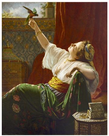 A Beauty Holding a Bird by Louis Emile Pinel De Granchamp - Auction record, sale price, and art valuation. Compare with similar artists and explore comparable artworks.
