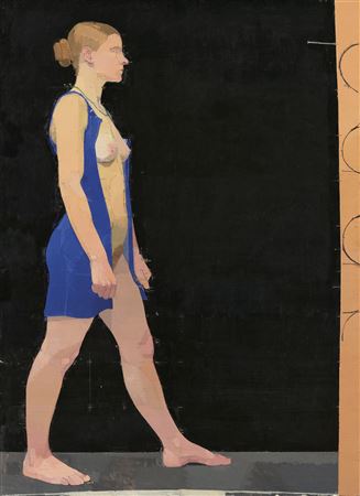 Striding Nude, Blue Dress