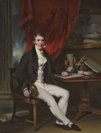 Portrait of William Jardine (1774-1852), full-length, seated, in a black coat, white waistcoat and trousers, his left arm resting on a table, before a red curtain, a landscape beyond