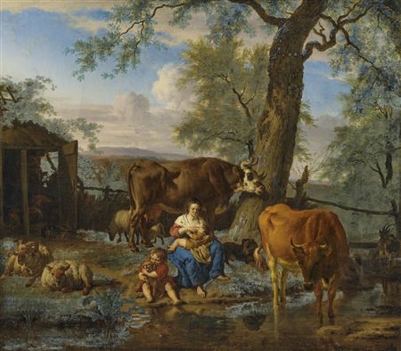A woman feeding her child, with a boy and dog playing, surrounded by cows and sheep in a landscape