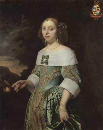 Portrait of Sophia Coymans (1636-1714), three-quarter-length, holding a twig with an orange, before a landscape