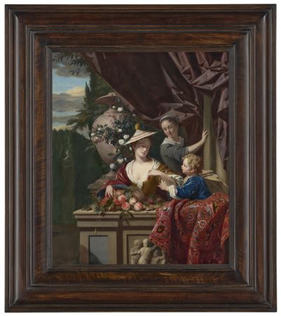 Three figures standing behind a stone ledge, with a basket of peaches, melons and grapes, in a landscape