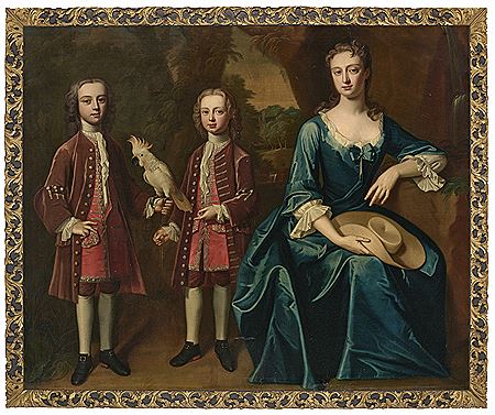 Group portrait of Letitia, Lady Sandys, née Tipping (1699-1779) with her two eldest sons, Edwin, later 2nd Baron Sandys (1726-1797), with a cockatoo in his left hand, and Cheke Sandys (1727-1737), in brown coats and breeches with red waistcoats by Enoch Seeman - Auction record, sale price, and art valuation. Compare with similar artists and explore comparable artworks.