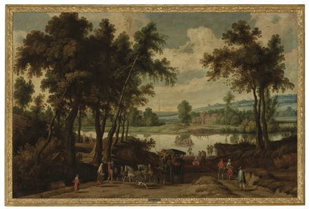 River landscape with a carriage transporting passengers and a ferry crossing