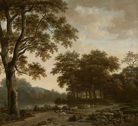 A wooded river landscape with cattle and goats