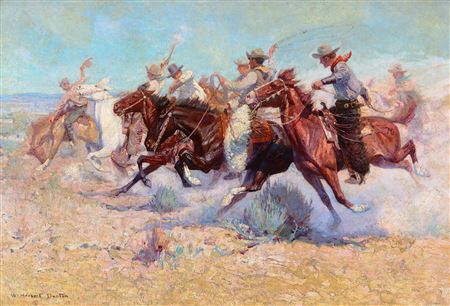 A Race for the Chuckwagon by W Herbert (Buck) Dunton - Auction record, sale price, and art valuation. Compare with similar artists and explore comparable artworks.