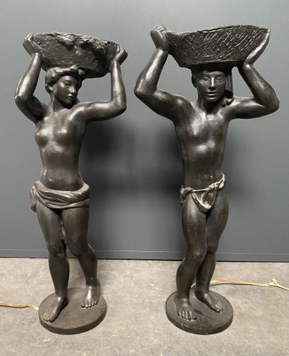 "Young woman with basket" and "Young man with basket