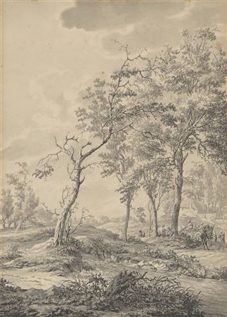 Paysage arboré avec paysans et charrette