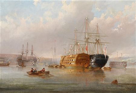 SHIPS LYING IN THE TAMAR RIVER, WITH THE ROYAL WILLIAM YARD AND MOUNT EDGCUMBE BEYOND