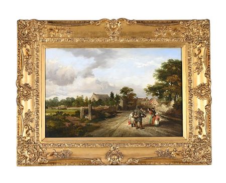 FLOWER SELLER ON A COUNTRY LANE WITH VILLAGE CHURCH BEYOND