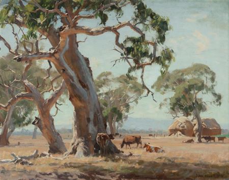 Gum Trees with Cattle and Haystacks, 1945. by John Thomas Rowell - Auction record, sale price, and art valuation. Compare with similar artists and explore comparable artworks.