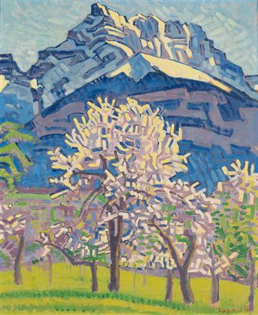 Orchard in bloom in front of the Midi teeth