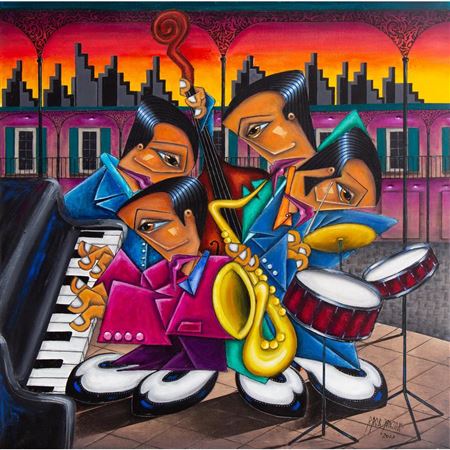 Sample artwork by Robert Jadczak (Born 1960), known for whimsical, cartoonish figure paintings - View similar artists and auction records