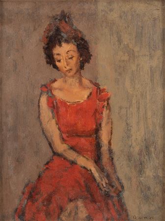 Portrait of a woman in a red dress, 1941 by Bension Rabinowicz - Auction record, sale price, and art valuation. Compare with similar artists and explore comparable artworks.