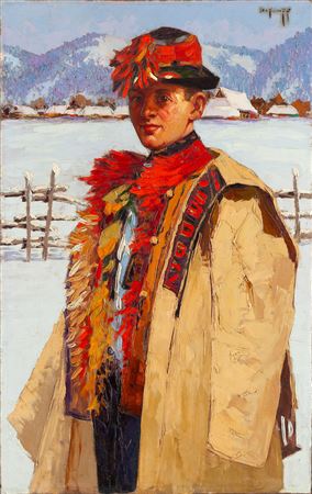 Mountain man on the background of the winter landscape