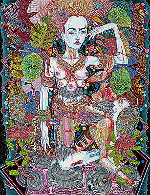 Sample artwork by Del Kathryn Barton (Born 1972), known for abstract figurative paintings with organic shapes of beehives, spiderwebs - View similar artists and auction records