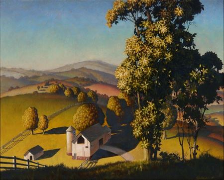 Sample artwork by Walter Simpson Parke (1909 - 1994), known for realist rural landscape, figure, nude and child portrait painting, illustration - View similar artists and auction records